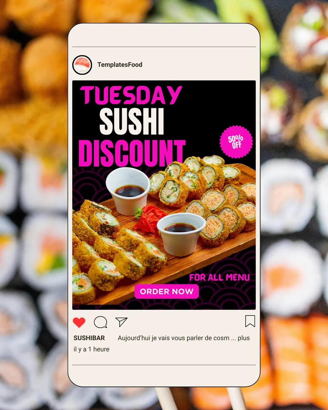 SUSHI Instagram Templates Pack - 30 Posts + 2 Free Bonus Templates FUSHIA PINK Food Templates