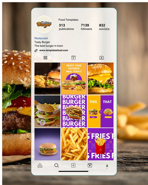 50 Burger Instagram Templates PACK - PURPLE AND YELLOW My Food Templates