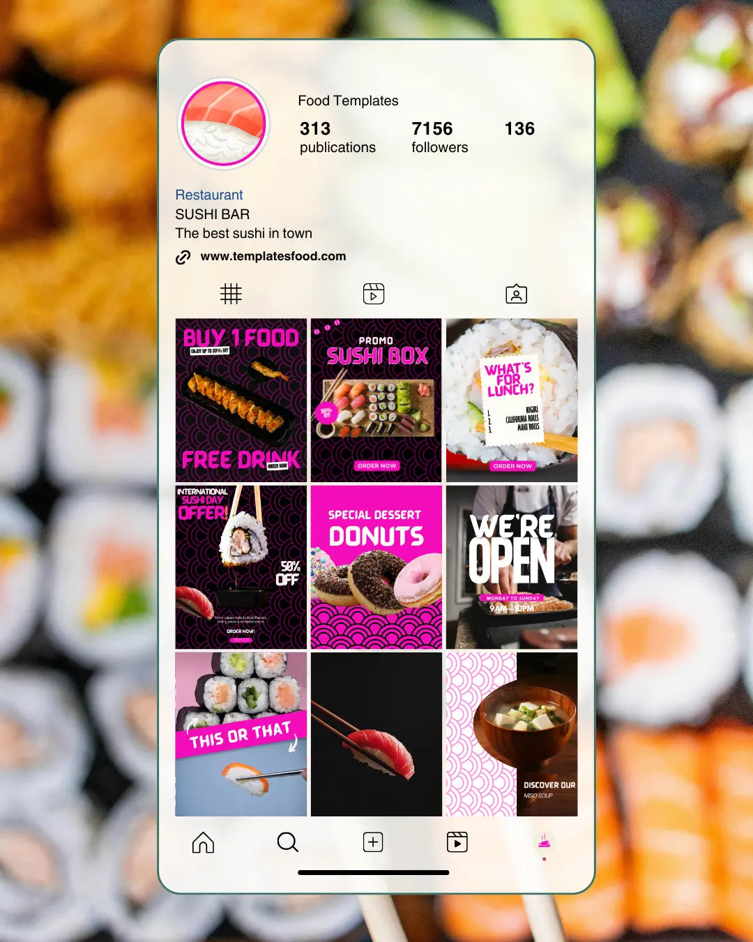 SUSHI Instagram Templates Pack - 30 Posts + 2 Free Bonus Templates FUSHIA PINK Food Templates