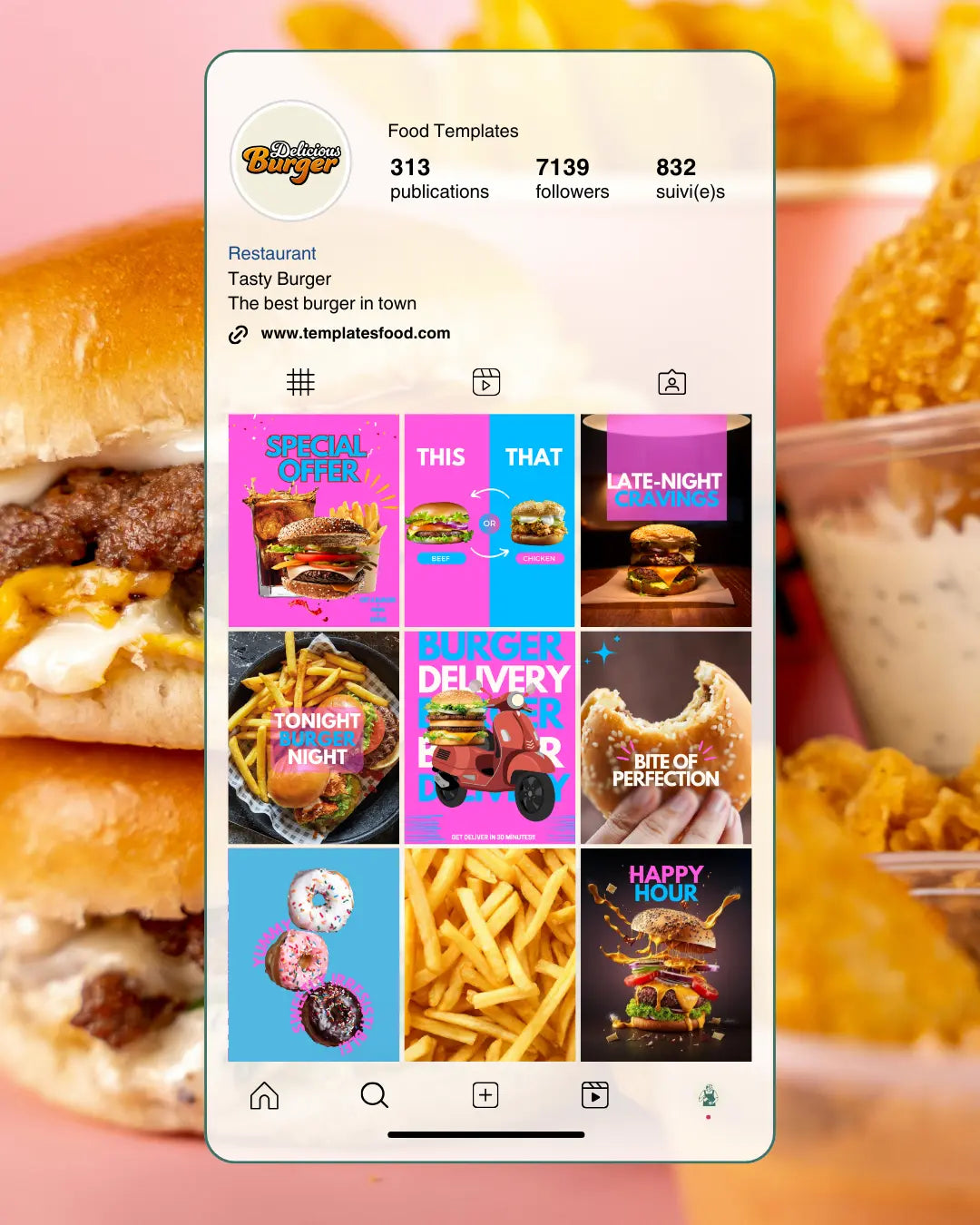 50 Burger Instagram Templates PACK -  PINK and BLUE My Food Templates