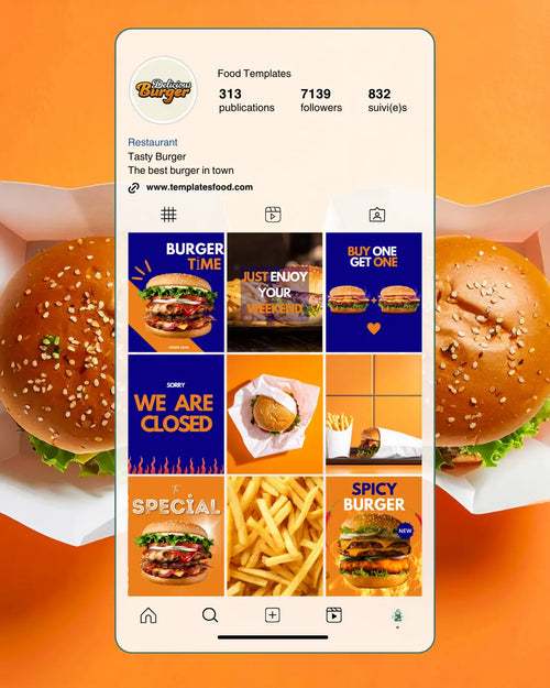 50 Burger Instagram Templates PACK - BLUE and ORANGE My Food Templates