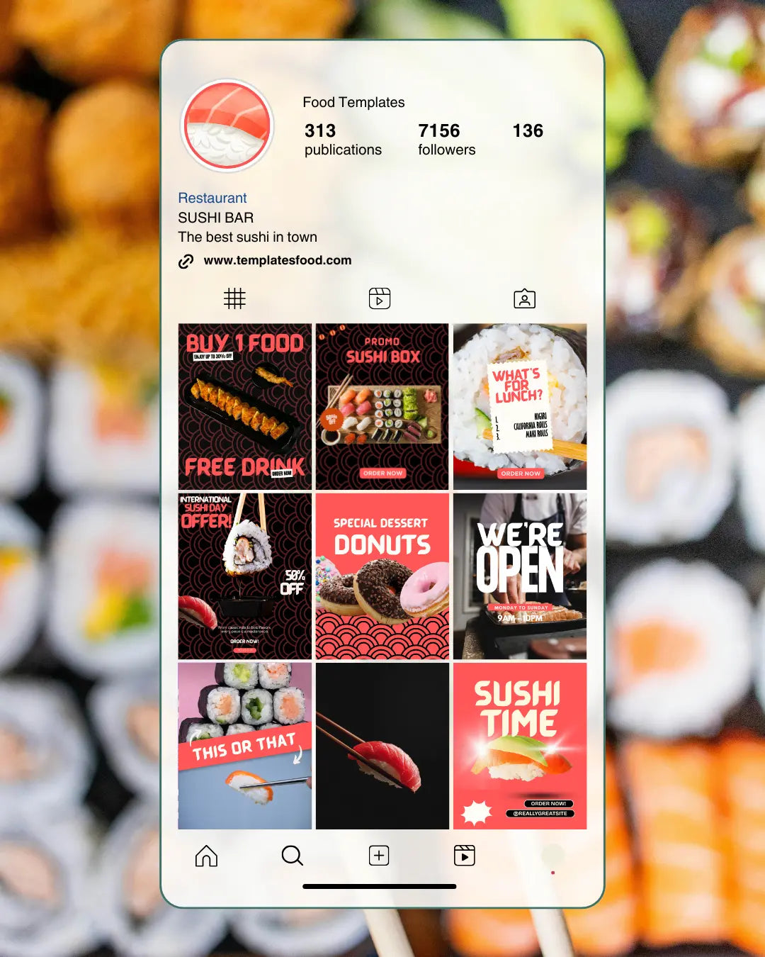 SUSHI Instagram Templates Pack -30 Posts + 2 Free Bonus Templates SALMON PINK Food Templates