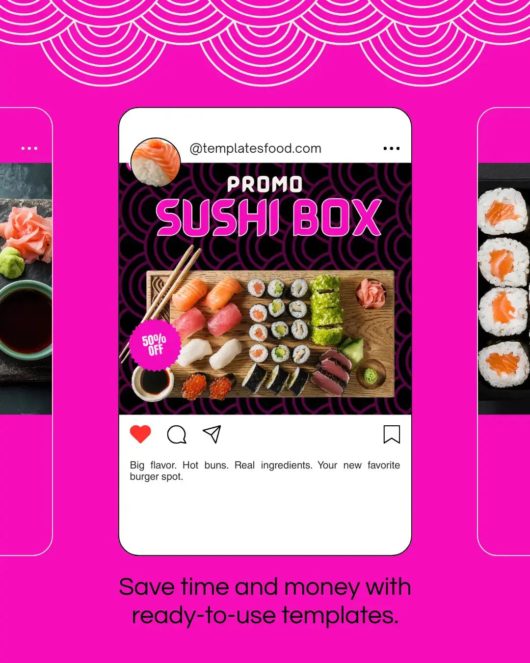 SUSHI Instagram Templates Pack - 30 Posts + 2 Free Bonus Templates FUSHIA PINK Food Templates
