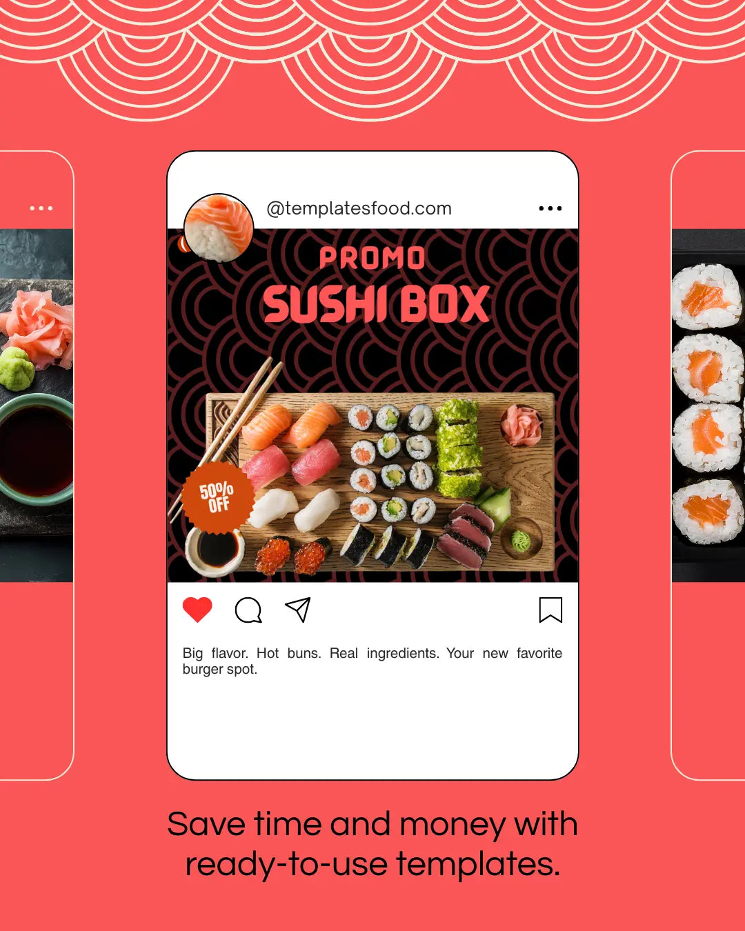 SUSHI Instagram Templates Pack -30 Posts + 2 Free Bonus Templates SALMON PINK Food Templates