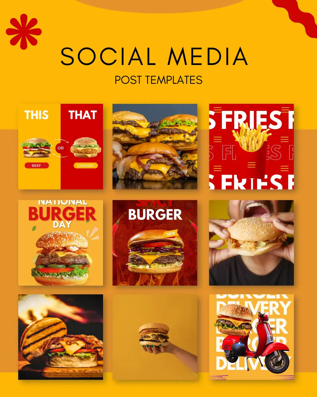 50 Burger Instagram Templates PACK - RED and YELLOW My Food Templates