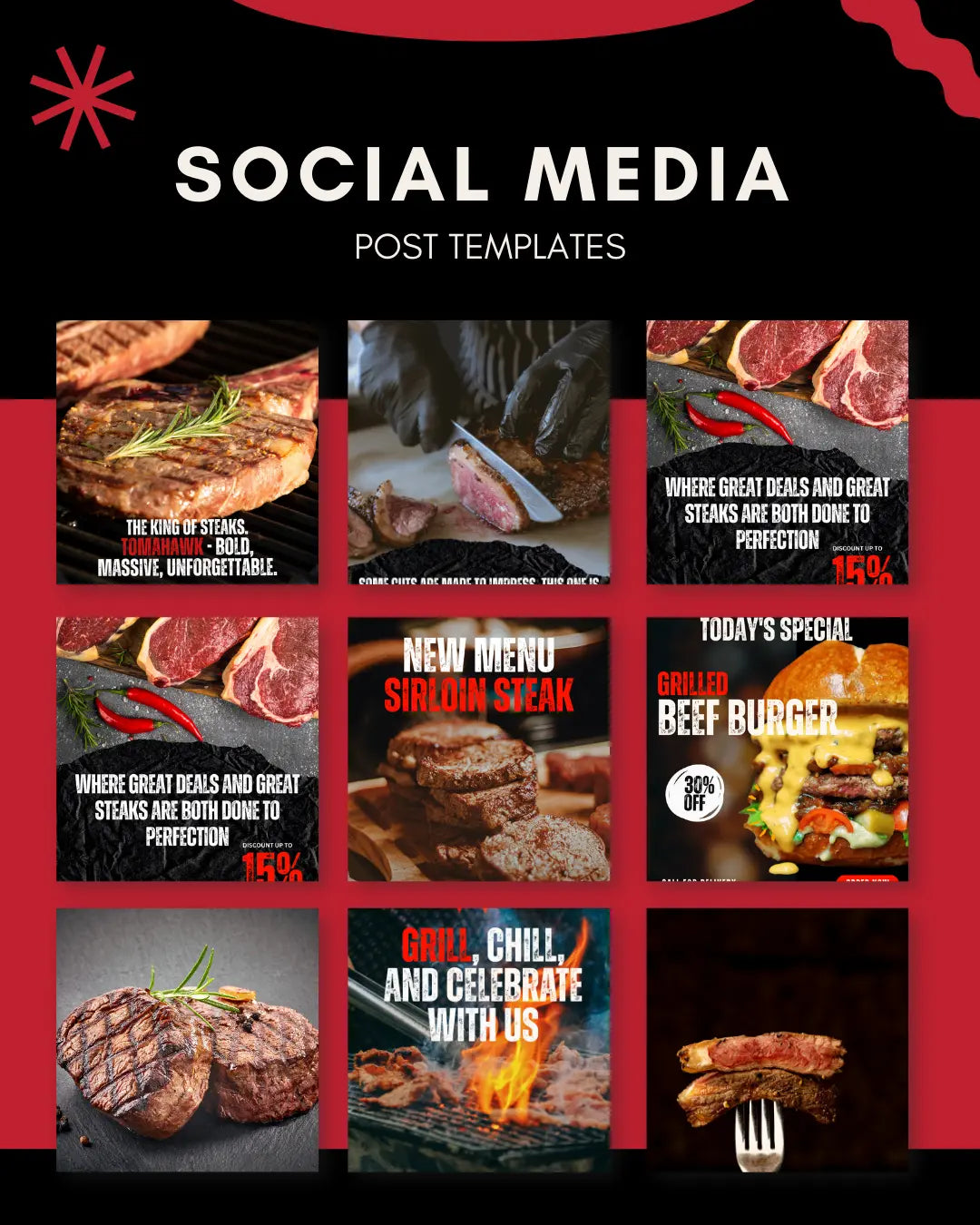Steakhouse Instagram Templates Pack – 30 Premium Restaurant Posts Food Templates