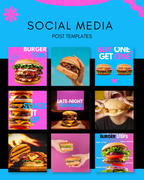 50 Burger Instagram Templates PACK -  PINK and BLUE My Food Templates