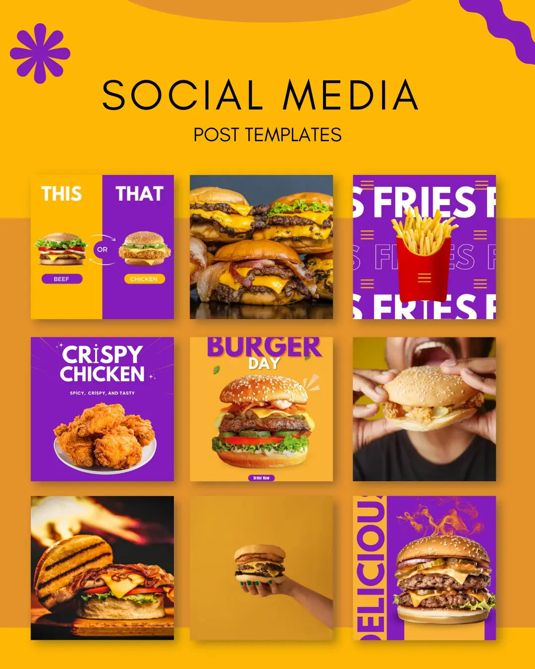 50 Burger Instagram Templates PACK - PURPLE AND YELLOW My Food Templates