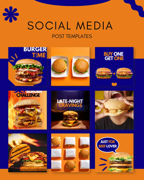50 Burger Instagram Templates PACK - BLUE and ORANGE My Food Templates