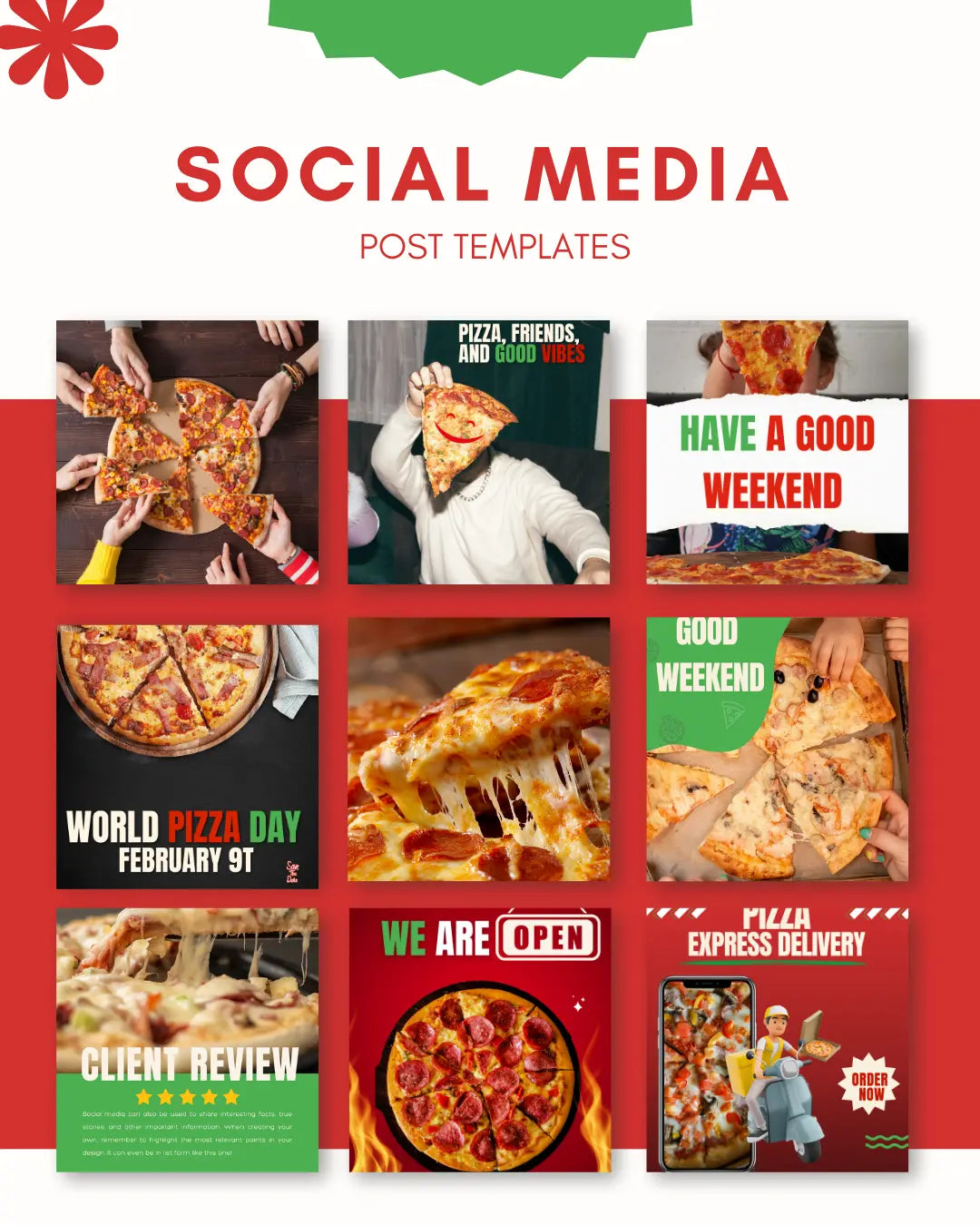 PIZZA Instagram Templates Pack – 50 Premium Posts GREEN RED Food Templates