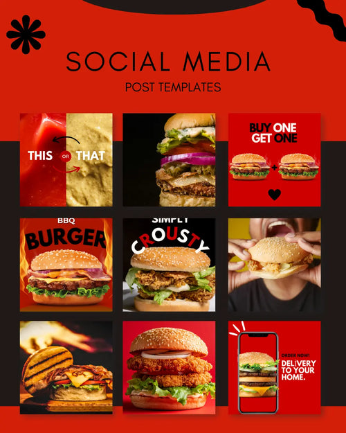 50 Burger Instagram Templates PACK - BLACK and RED My Food Templates