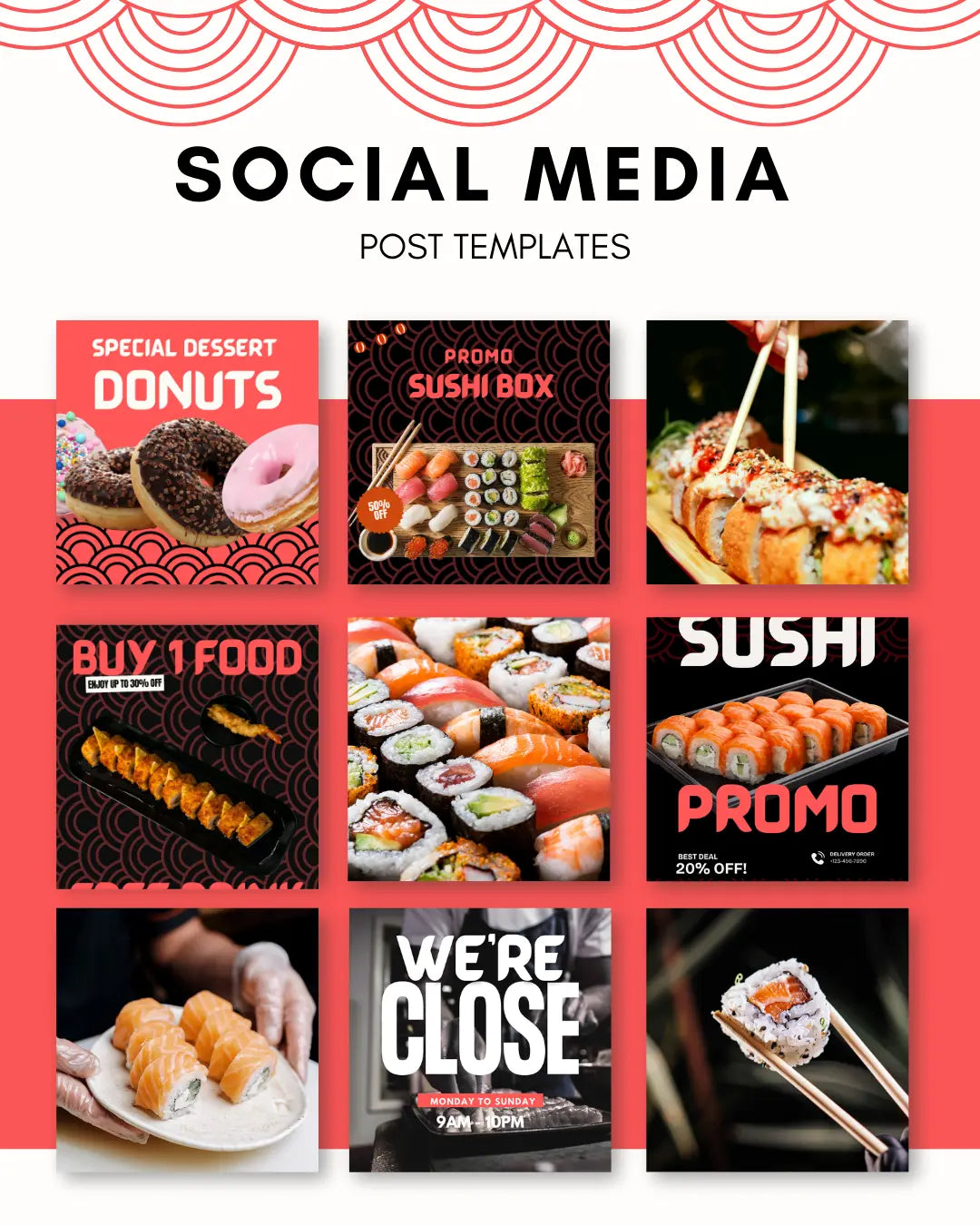 SUSHI Instagram Templates Pack -30 Posts + 2 Free Bonus Templates SALMON PINK Food Templates